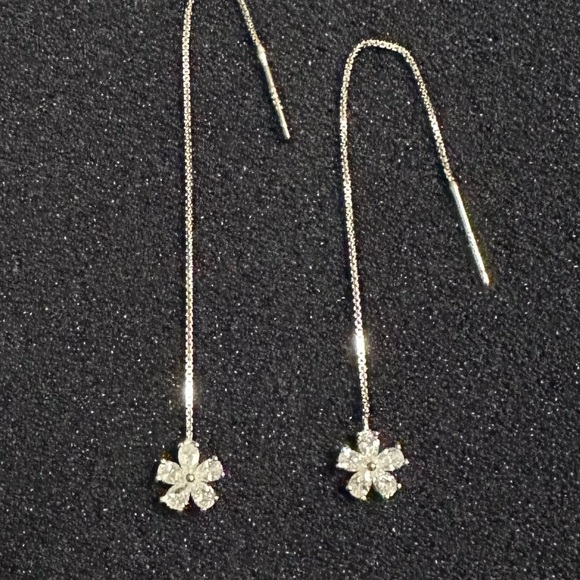 925 Silver Glamorous CZ Flower Drop Thread Earrings - Picture 4 of 15